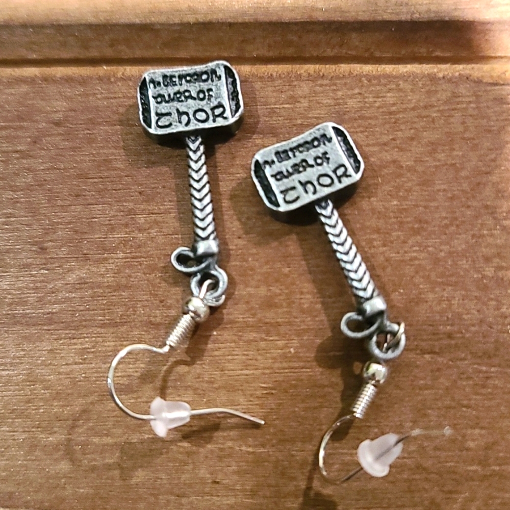 THOR HAMMER tribute dangle earrings pewter color NWT